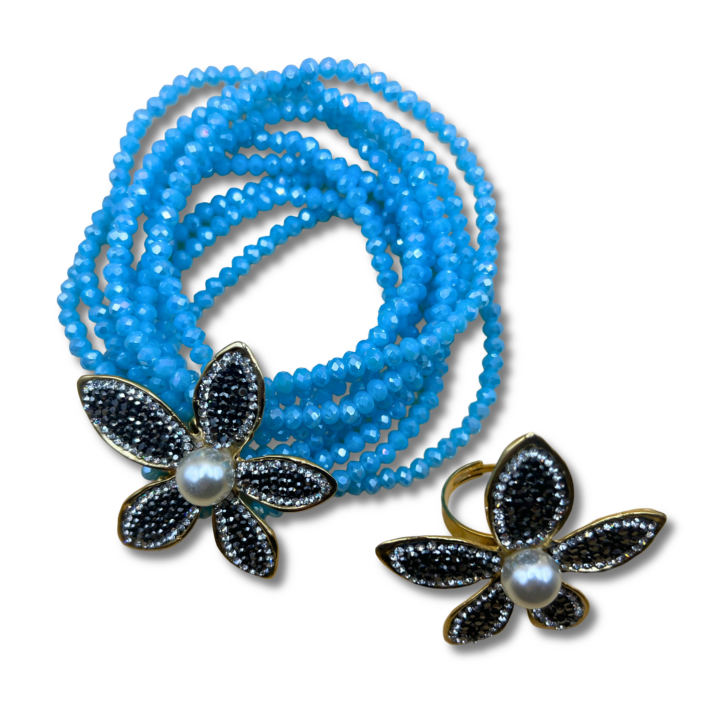 Blue Bead Floral Bracelet and Ring Set