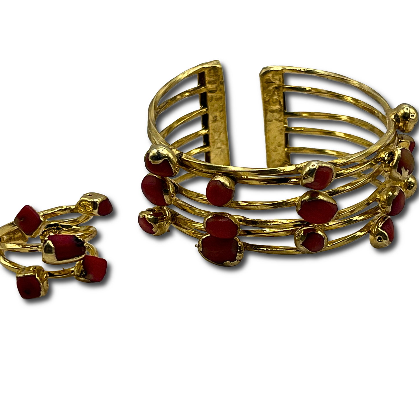 Red Stone Cuff Bracelet & Ring Set
