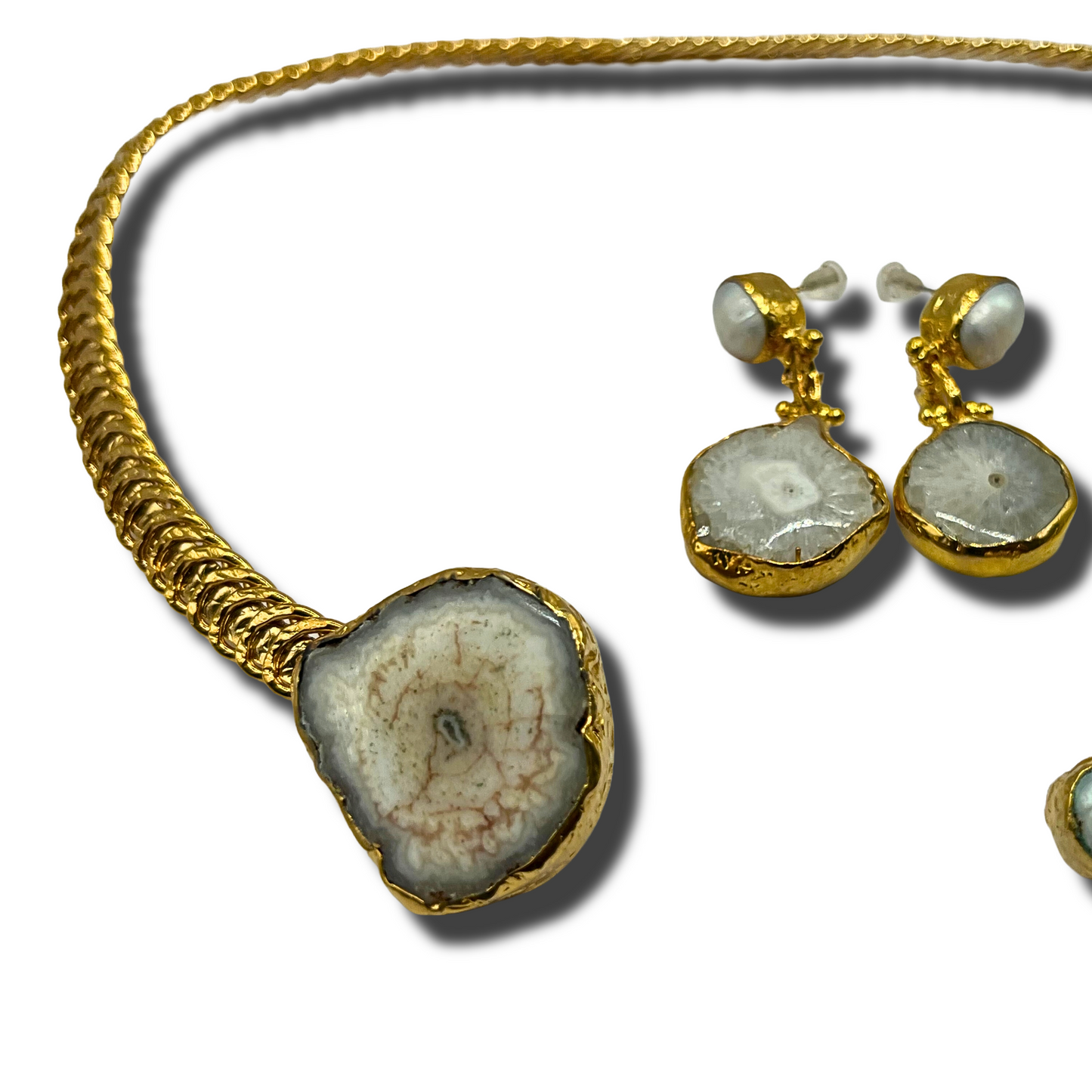 White Agate Gold Plated Necklace & Earring Set