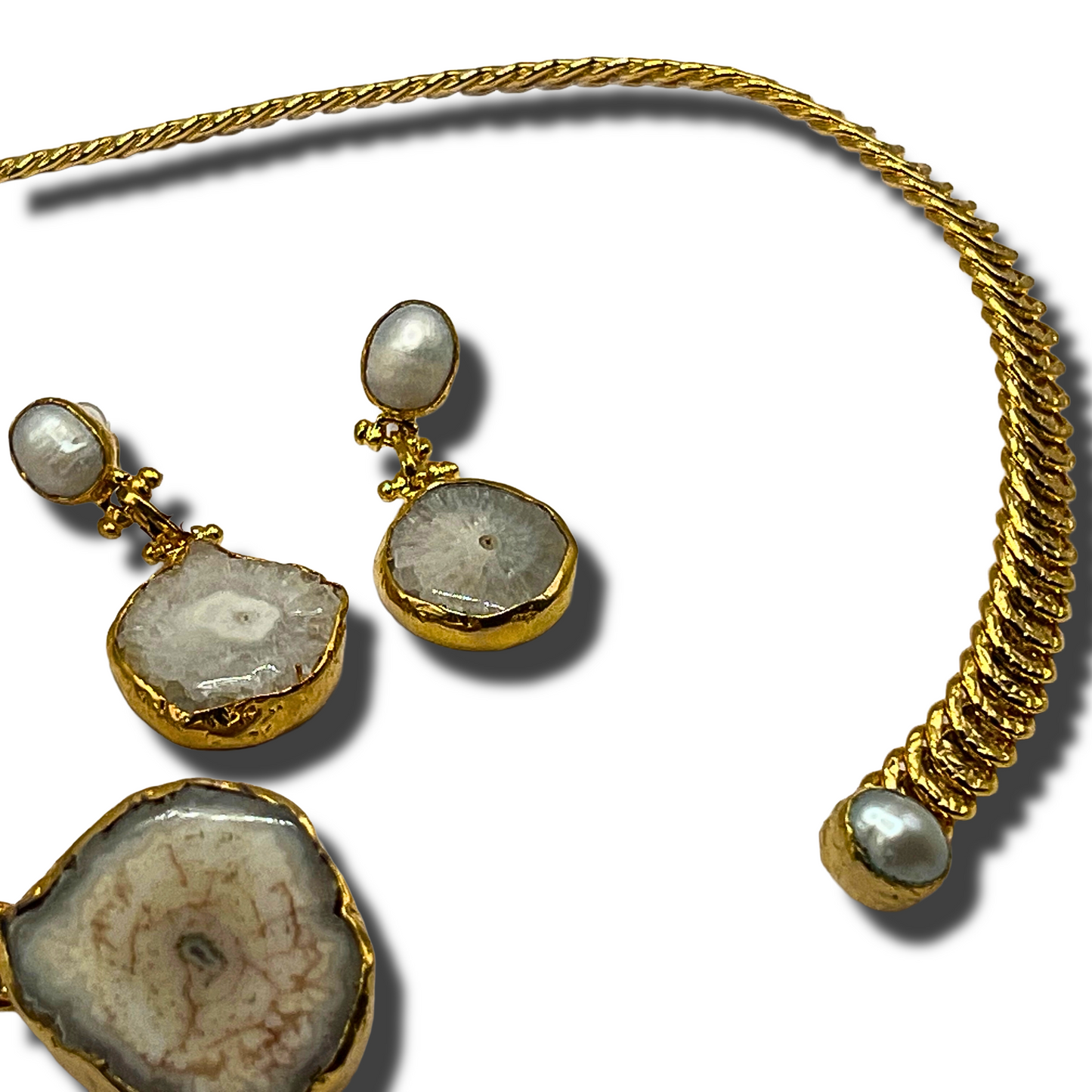 White Agate Gold Plated Necklace & Earring Set