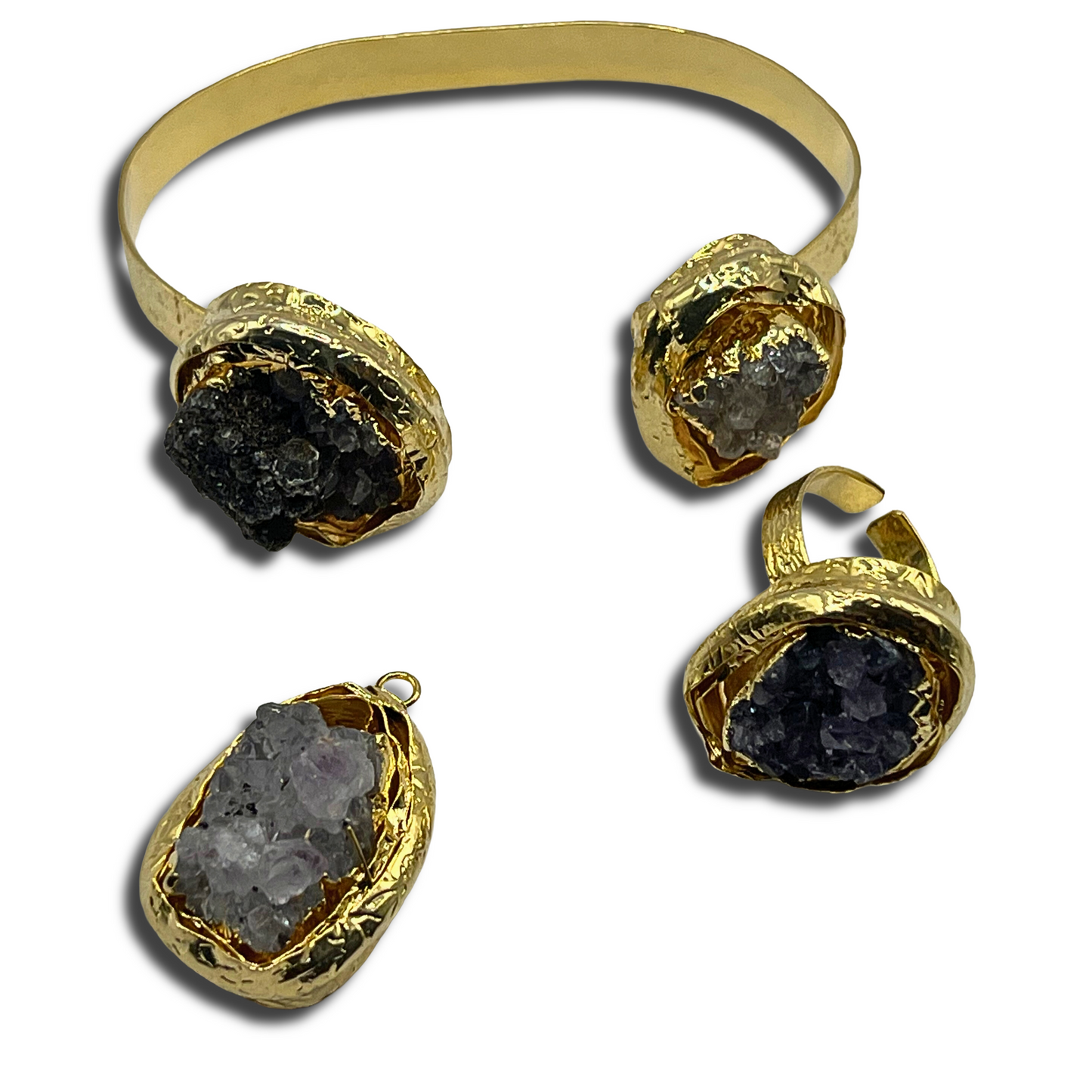 Amethyst Geode Pendant, Ring, & Cuff Bracelet Set