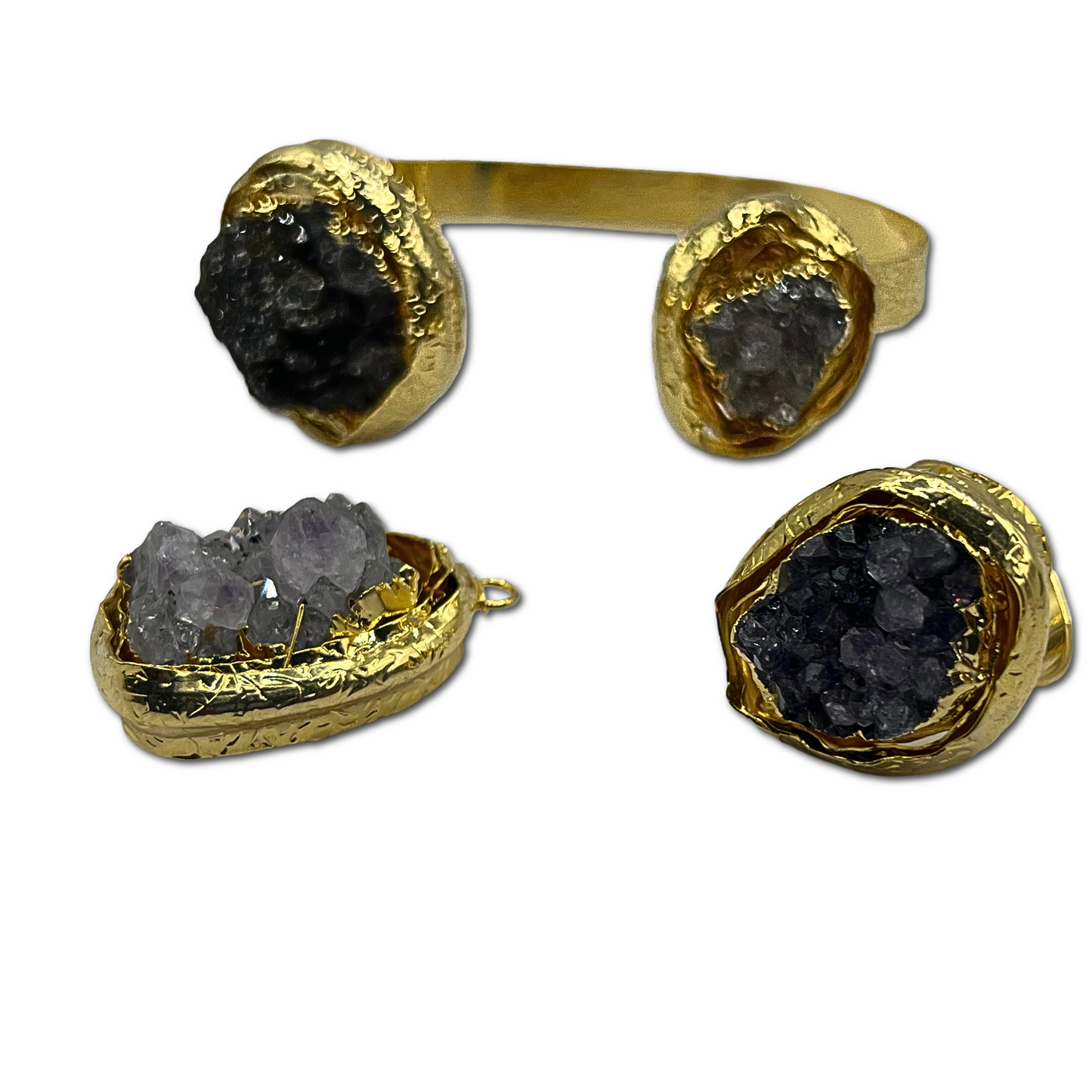 Amethyst Geode Pendant, Ring, & Cuff Bracelet Set