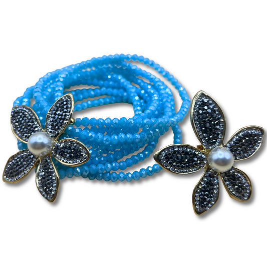 Blue Bead Floral Bracelet and Ring Set