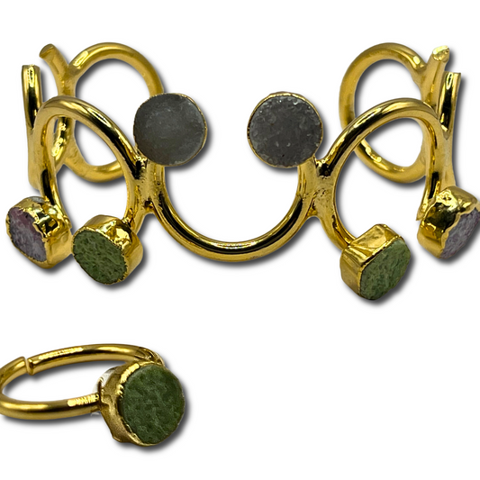 Green & Purple Geode Cuff Bracelet & Ring Set
