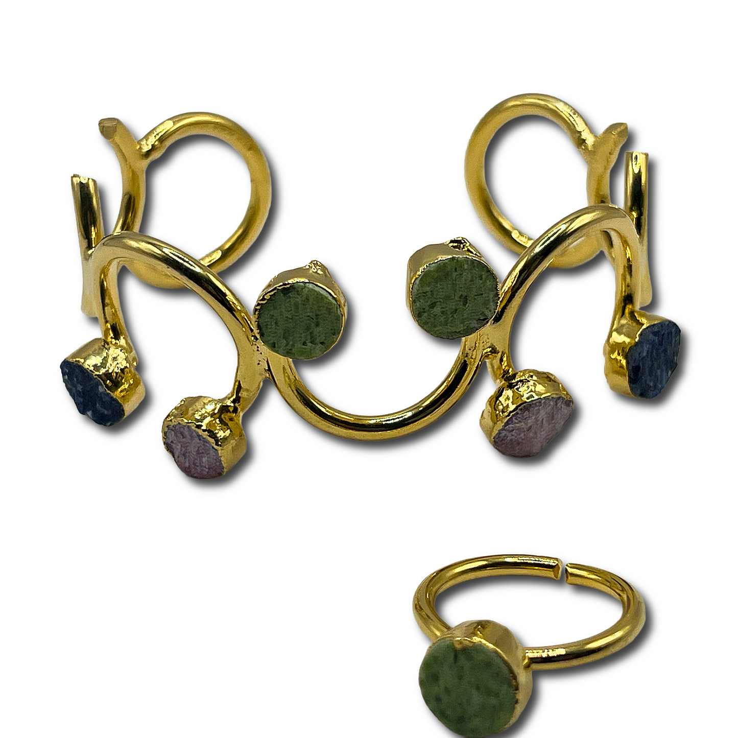 Green & Purple Geode Cuff Bracelet & Ring Set