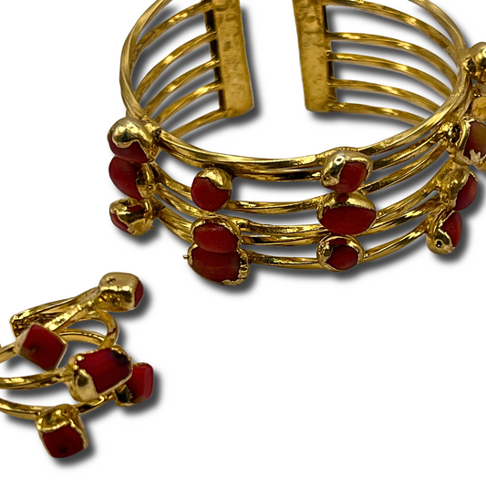 Red Stone Cuff Bracelet & Ring Set