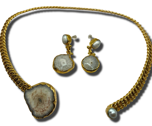 White Agate Gold Plated Necklace & Earring Set