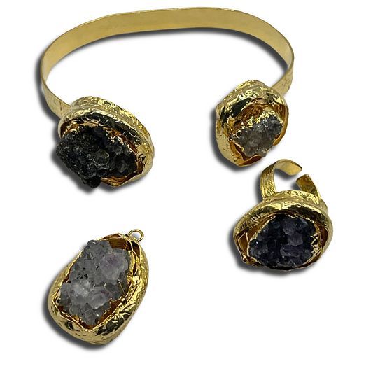 Amethyst Geode Pendant, Ring, & Cuff Bracelet Set